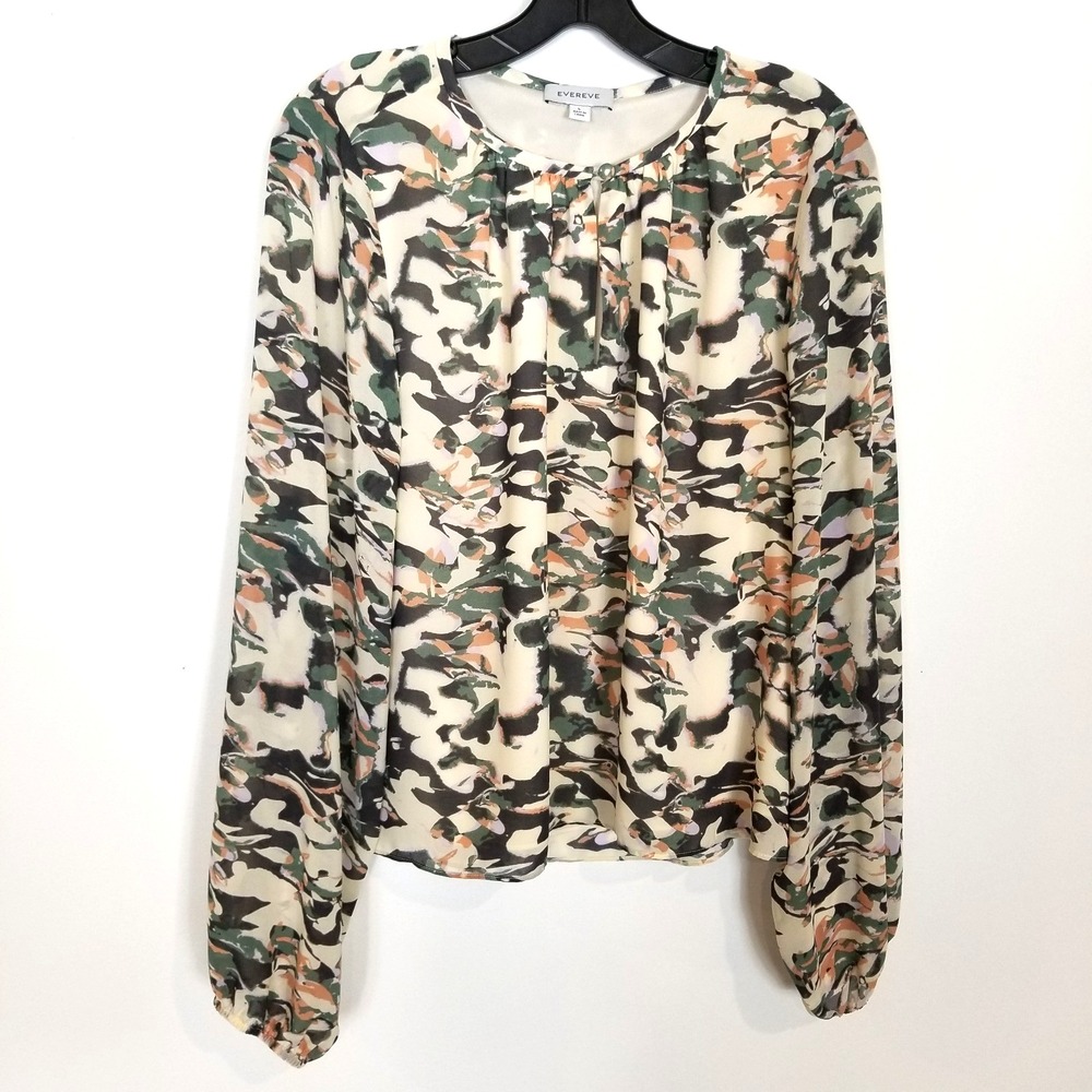 Evereve Women Camo Print Lined Blouse Top Sz L Long Sleeve Boho